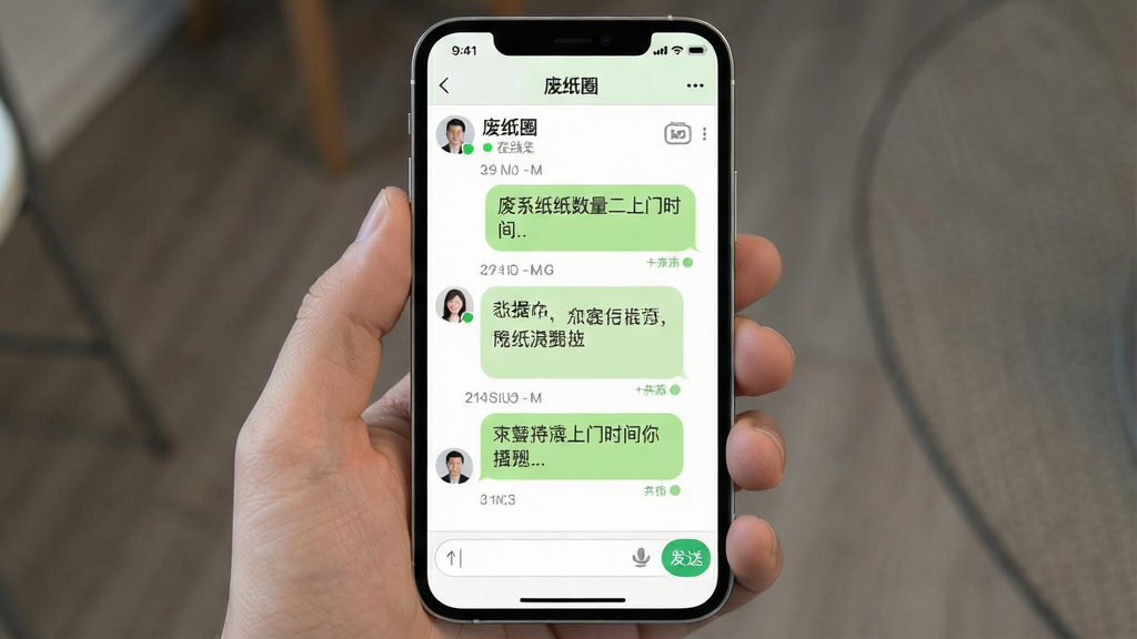 一张在线沟通界面图,画面为手机屏幕显示“废纸圈”站内聊天页面,对话气泡中显示关于废纸数量和上门时间的沟通内容,顶部为联系人名称和在线状态,底部为输入框和发送按钮,整体布局为典型聊天界面,风格为清爽社交应用风,配色以白色和浅绿色气泡为主,细节包括头像、时间戳和消息状态标记,画质清晰,干净,无多余元素