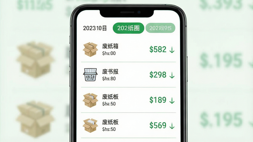 一张价格行情展示图,画面为手机屏幕显示“废纸圈”价格行情页面,页面以列表形式展示废纸箱、废书报、废纸板等品类的参考价格,每行配有品类图标和价格数字,顶部有日期切换标签,整体布局为纵向列表,风格为简洁数据展示风,配色以白色背景和绿色强调色为主,细节包括分隔线、价格单位标注和趋势小箭头,画质清晰,干净,无多余元素