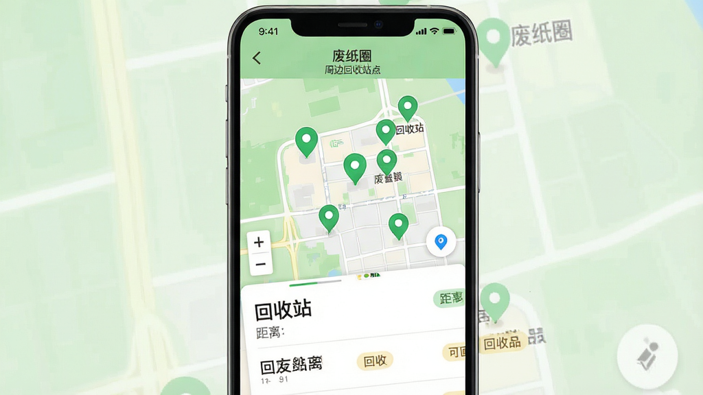 一张地图查询界面图,画面为手机屏幕显示“废纸圈”周边回收站点地图页面,地图上有多个绿色定位标记点,下方列出回收站名称、距离和可回收品类标签,整体布局为上下结构,风格为清新地图导航风,配色以浅绿和白色为主,细节包括地图缩放控件、定位按钮和信息卡片,画质清晰,干净,无多余元素