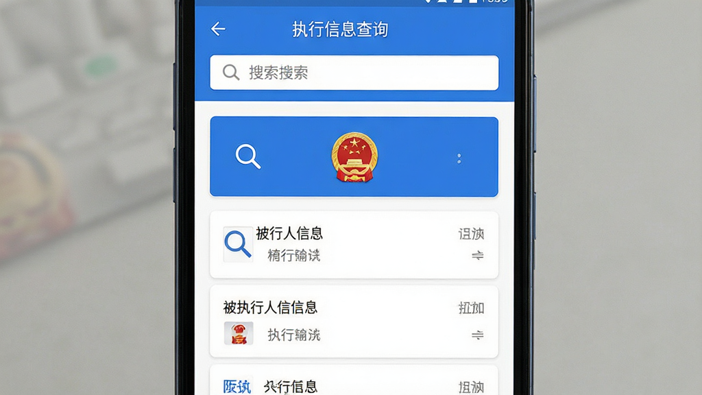 主体为一部竖屏安卓手机,屏幕中央展示“执行信息查询”软件首页界面,顶部为搜索框,下方为被执行人信息列表卡片,布局居中对称,排版干净留白充足,风格为现代简约商务蓝白配色,细节包含放大镜图标、法院徽标元素、数据列表分割线,画质高清、干净、无多余元素