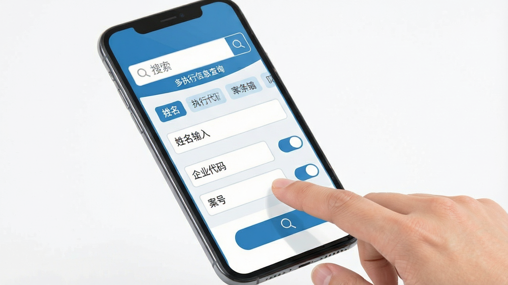 主体为一只手点击手机屏幕上的搜索按钮,屏幕内呈现“执行信息查询”多条件筛选面板,布局为上方搜索框下方筛选标签,排版层次分明,风格为扁平化科技蓝,细节包含姓名输入框、企业代码输入框、案号输入框与筛选开关,画质高清、干净、无多余元素