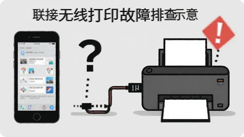 联接无线打印故障排查示意图,画面展示一部手机与打印机之间出现断开的连接线,旁边有问号与感叹号图标,背景为浅灰色,风格简洁说明性,细节清晰,画质干净,无多余元素