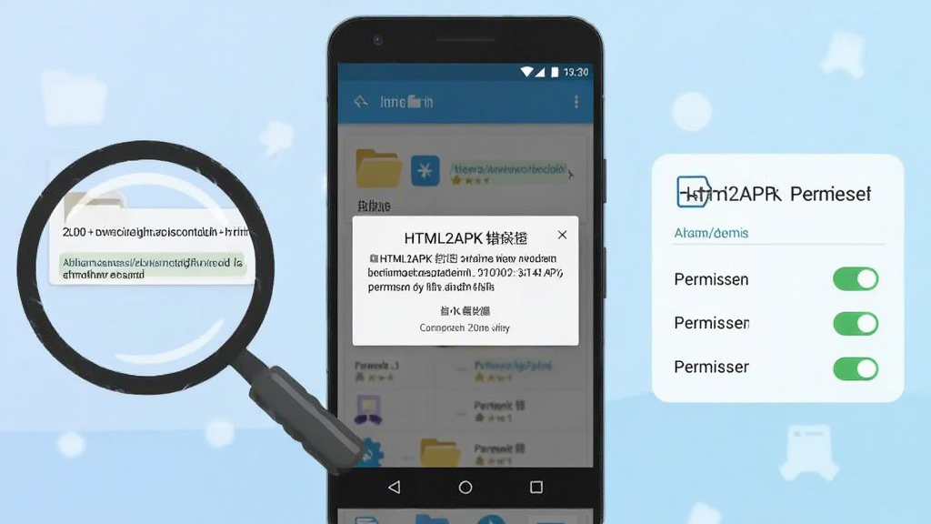画面为一部安卓手机屏幕显示HTML2APK打包失败提示弹窗,旁边有放大镜观察文件夹路径与权限开关,背景为浅蓝渐变,风格扁平插画,布局以手机为中心、左右两侧分别展示路径错误与权限设置细节,画质干净清晰