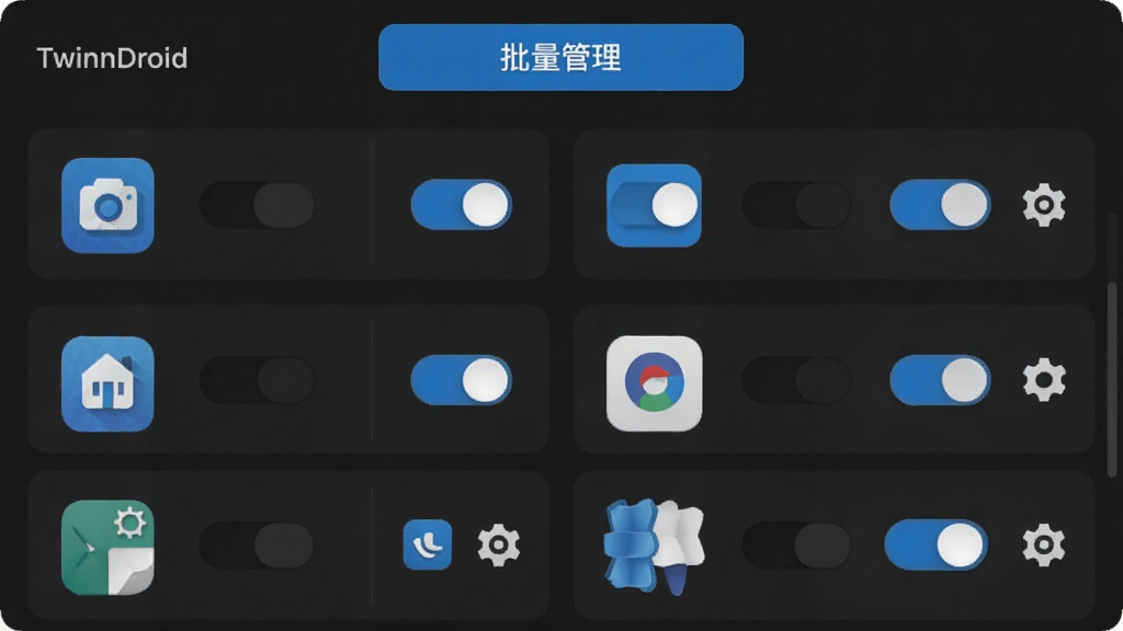 չʾTwinnDroidӦ���ڵĹ��������棬��������������Ŷ��Ӧ��ͼ�꣬ÿ��ͼ���Ҳ඼��һ�����ذ�ť�ͳ�������ͼ�꣬���涥���С������������İ�ť�����������ɫģʽ�����ɫ����ǿ��ɫ������ִ���࣬�������������ֹ���