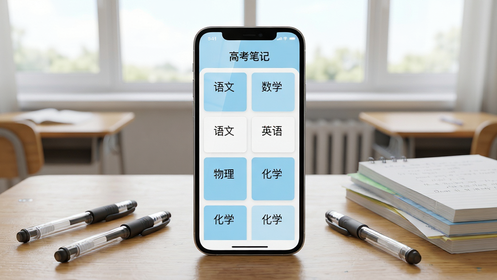 画面主体是一部竖屏智能手机,屏幕中央展示“高考笔记”应用主界面,界面内整齐排列语文、数学、英语、物理、化学等科目卡片,卡片采用浅蓝色与白色搭配;手机平放在木质书桌上,旁边散落几支中性笔和一摞整理好的纸质笔记,背景是明亮的教室窗景;整体布局为居中构图,手机占据画面视觉中心;风格为清新写实的产品展示风;细节上屏幕反光自然、卡片文字清晰、书桌纹理真实;画质高清、画面干净、无多余元素