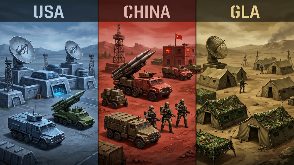 游戏阵营选择界面风格的概念图,画面分为三块纵向区域,左侧为蓝色调的美军高科技基地,中间为红色调的中国重装部队集结地,右侧为土黄色调的全球解放军游击营地,每块区域上方分别用英文标注