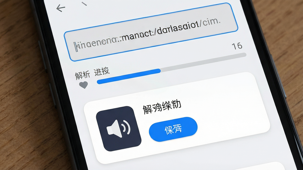 一张功能展示图,画面主体是一部安卓手机屏幕,屏幕内显示链接输入框已粘贴一段链接文字,下方出现解析进度条与解析成功的结果卡片,卡片上有音频图标和保存按钮,布局为上下结构,风格为清爽浅色扁平化设计,细节包括蓝色高亮按钮、灰色输入框、圆角结果卡片,画质清晰干净,无多余元素