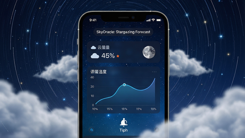 主体为一部智能手机屏幕显示深蓝色星空背景下的观星指数仪表盘,布局采用居中手机特写搭配四周漂浮的云层与星轨元素,排版简洁突出应用界面,风格为现代科技感与天文摄影融合,细节包含屏幕上的云量百分比、透明度曲线、月相图标以及