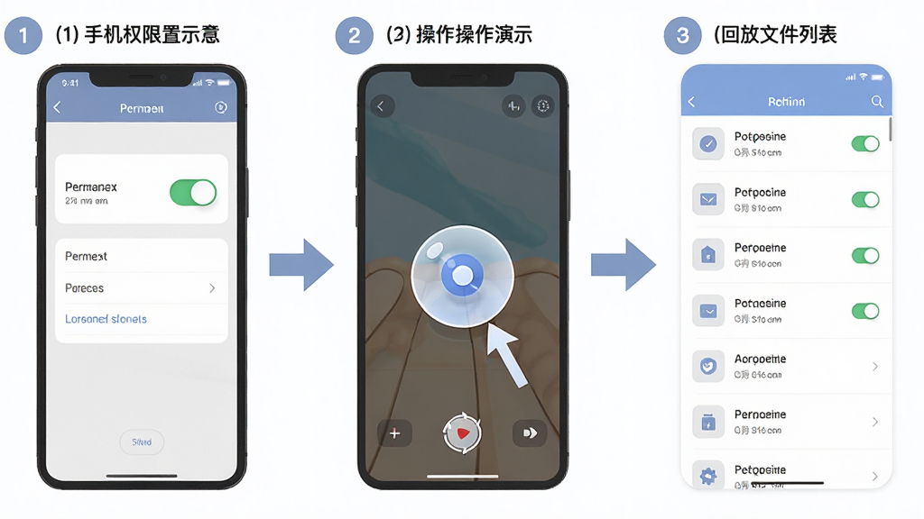 即时回放软件的操作流程图解,画面左侧为手机权限设置界面示意,中间为悬浮球拖动操作演示,右侧为回放文件列表页面,三个区域用箭头连接形成流程,布局为横向三段式结构,风格为简洁教程插画风,细节包括清晰的步骤编号、柔和的配色、权限开关与悬浮球图标明确,画质高清,干净,无多余元素