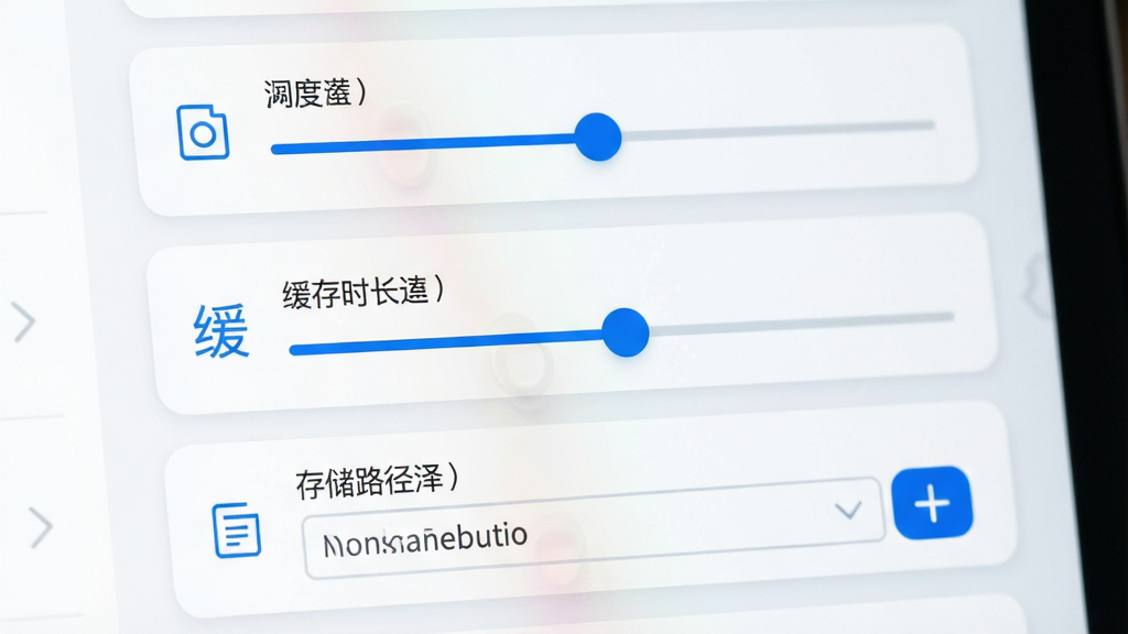 即时回放软件的设置面板特写,面板中排列着清晰度选项滑块、缓存时长调节条、存储路径选择框等控件,控件以卡片形式分组呈现,布局为纵向列表结构,风格为清新浅色UI风,细节包括圆角卡片、浅灰色分隔线、蓝色选中状态、图标简洁线性,画质高清,干净,无多余元素