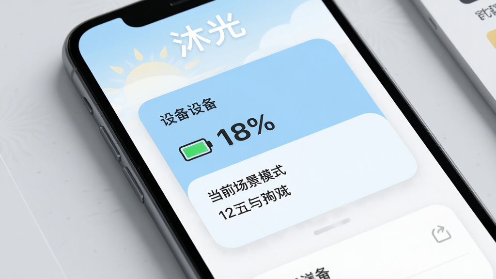 展示“沐光”应用首页状态卡片特写,手机屏幕中央是一张信息卡片,卡片上显示设备名称、电量图标与百分比、当前场景模式文字,卡片配色为浅蓝与白色,背景为简洁的浅灰桌面,风格为界面设计展示,布局清晰,细节锐利,画质高清,无多余元素