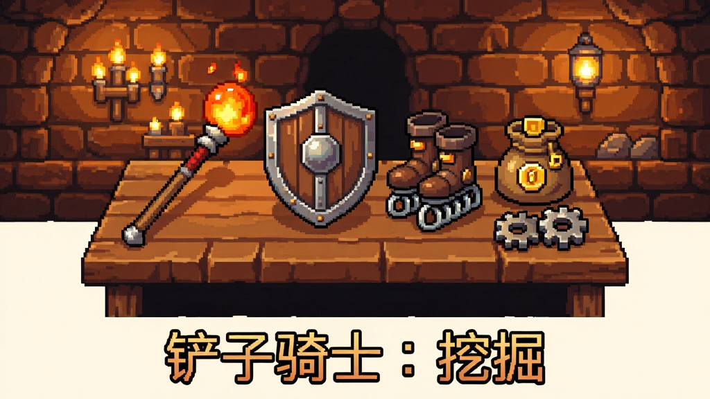 像素风格道具展示插画,画面中央是一张木质工作台,上面整齐摆放着铲子骑士游戏中的多种道具与遗物,包括发光的火球法杖、金属护盾、弹簧靴、金币袋与齿轮零件,背景是温暖的矿洞灯光与砖墙,画面下方用像素字体写着“铲子骑士:挖掘”,整体色调温暖复古,细节精致,画质清晰,干净整洁,无多余元素