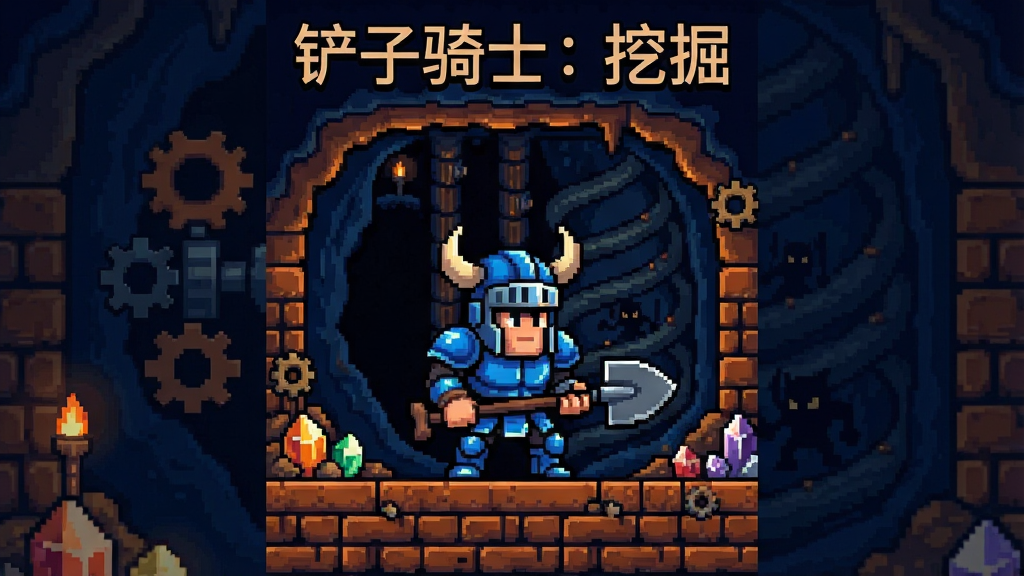 一幅像素风格的竖版插画,画面中央是一位身穿蓝色盔甲、头戴带角头盔、手持铁铲的骑士角色,站在幽暗的地下矿洞入口处,脚下是层层叠叠的砖石与泥土,四周点缀发光的矿石与齿轮机关,背景有向下延伸的螺旋矿井与远处隐约可见的敌人剪影,画面顶部用像素字体写着“铲子骑士:挖掘”,整体色调以深蓝、土棕与暖橙光效为主,复古游戏海报风格,细节丰富,画质清晰,干净整洁,无多余元素