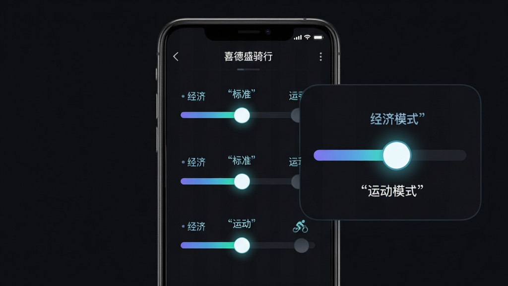 主体为手机界面展示“喜德盛骑行”助力模式调节面板,屏幕上有多个档位滑块与模式图标,分别为经济、标准、运动三档;布局采用竖屏手机居中,右侧悬浮放大的滑块控件特写;风格为科技感UI交互展示;细节包含滑块渐变色、档位图标发光效果、深色背景衬托;画质锐利,干净无多余元素,文字使用引号标注“经济模式”“运动模式”。