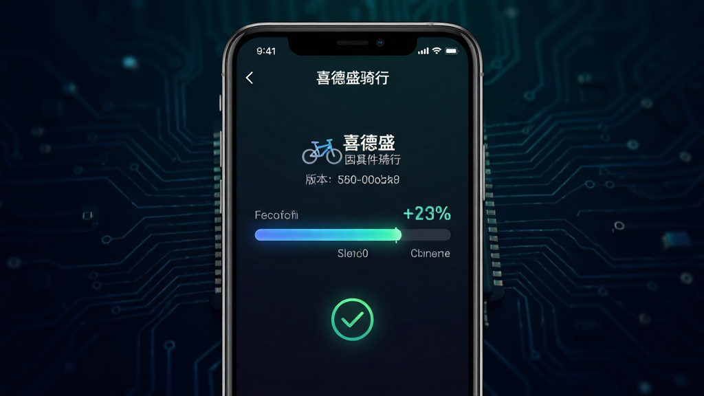画面主体为手机屏幕显示“喜德盛骑行”固件升级进度页面,进度条位于屏幕中央,上方有车辆图标与版本号信息;布局为手机正面平视,背景为深色渐变并点缀电路纹理;风格为科技升级主题视觉;细节包含发光进度条、百分比数字、升级完成勾选图标;画质清晰,画面干净,无多余文字堆砌。