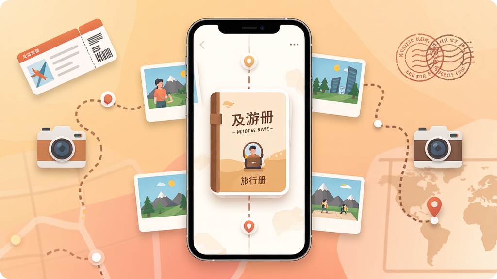 主视觉展示一部智能手机屏幕内呈现旅行时间线与地图轨迹界面,画面中央是及游册的旅行册封面卡片,周围环绕照片缩略图与地点标签,布局为手机居中、两侧点缀旅行元素如机票、邮戳、相机图标,排版清爽留白充足,风格为现代扁平插画,细节包括柔和的暖色调渐变背景、圆角卡片与细腻阴影,画质高清干净无多余元素