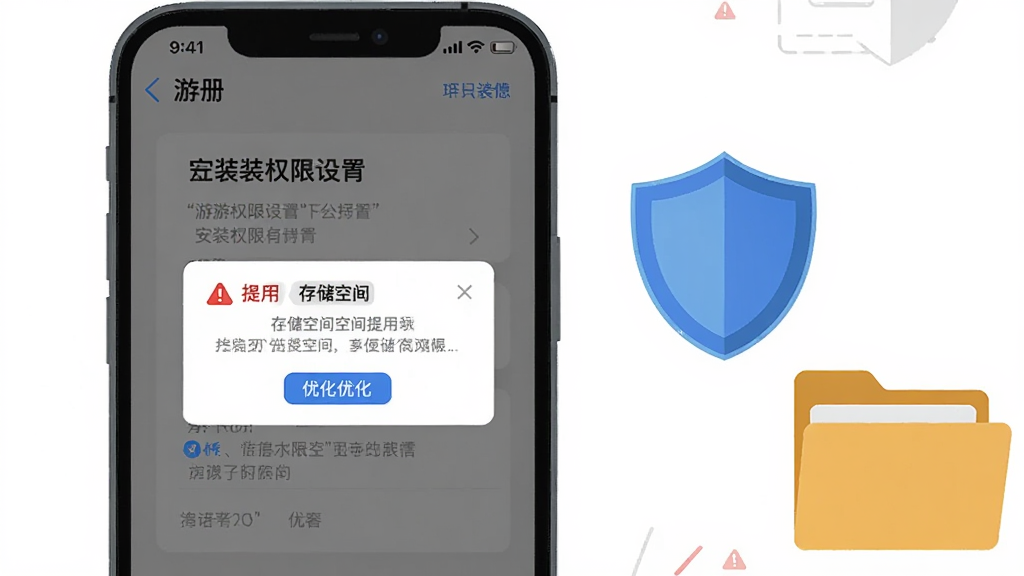 画面主体为一部手机屏幕显示及游册的安装权限设置界面与存储空间提示弹窗,旁边配有一个盾牌图标与文件夹图标,布局为手机居中偏左、图标点缀右侧,排版采用信息图风格,风格为扁平化提示插画,细节包括红色警示标识、蓝色优化标签、灰色提示文字块,画质高清干净无多余元素