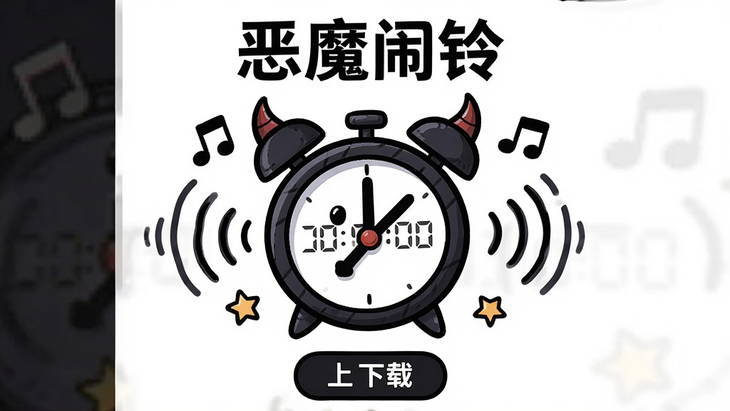 整体画面采用暗黑卡通风格,主体为一个拟人化的闹钟形象,闹钟顶部带有小恶魔犄角,屏幕显示时间,周围环绕音符与震动波纹,布局为居中构图,上方留白放置软件名称“恶魔闹铃”,下方为简洁的下载按钮样式,风格活泼有趣,细节包括闹钟指针、音波线条、小星星点缀,画质清晰,干净,无多余元素