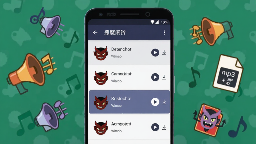 画面主体为一部安卓手机,屏幕中展示“恶魔闹铃”音效列表界面,列表项配有恶魔头像图标与播放按钮,手机周围漂浮着音符、喇叭和mp3文件图标,布局为手机居中、元素环绕,风格为扁平化卡通插画,细节包括列表高亮选中状态、下载箭头标识,画质清晰,干净,无多余元素