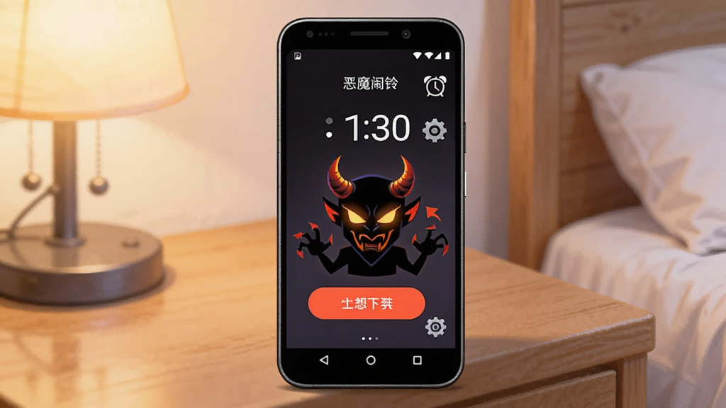 画面主体为一部安卓手机放置在床头柜上,屏幕显示“恶魔闹铃”响铃界面,屏幕中有恶魔形象和关闭任务按钮,旁边有闹钟图标与权限设置齿轮图标,布局为手机居中、床头柜与台灯作为背景虚化,风格为温馨生活场景插画,细节包括屏幕高亮、时间数字清晰,画质清晰,干净,无多余元素