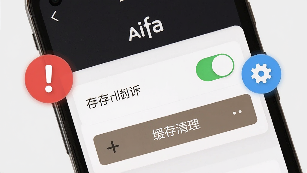 画面为一部手机屏幕特写,屏幕显示“Aifa”设置页面,页面中有权限开关与缓存清理按钮,旁边悬浮一个红色感叹号图标与蓝色齿轮图标,背景为浅灰色,风格简洁说明性,细节清晰,画质干净,无多余元素