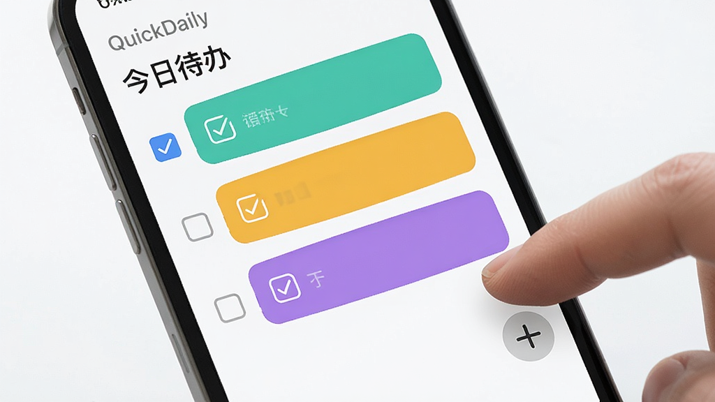 一部手机屏幕特写,显示 QuickDaily 的任务清单页面,白色背景上排列着带勾选框的彩色任务卡片,顶部有“今日待办”字样,画面右侧有一只手正在点击加号按钮,风格简洁现代,画质清晰,干净无杂乱元素