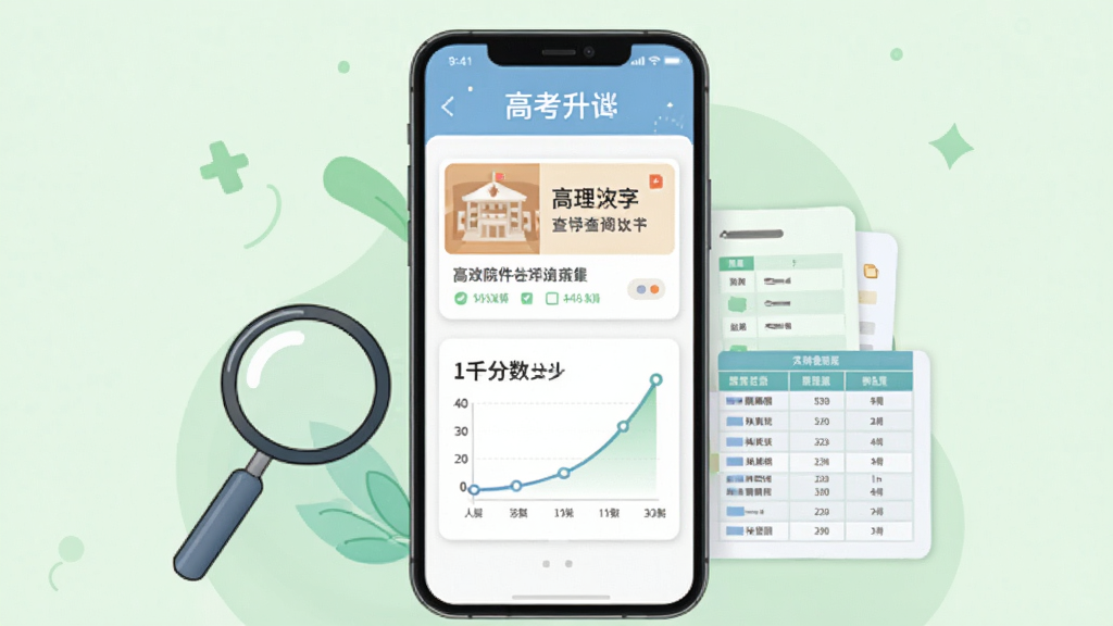 一张以“高考升”软件院校查询功能为主题的插画,画面主体为一部手机,屏幕显示院校卡片与分数曲线,手机旁有放大镜与数据表格元素,背景为淡绿色,风格清新简洁,布局居中,细节清晰,画质干净,无多余元素