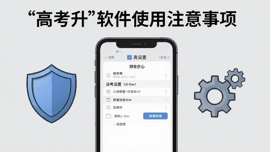 一张以“高考升”软件使用注意事项为主题的插画,画面为手机屏幕显示设置与权限界面,旁边有盾牌与齿轮图标,背景为浅灰色,风格简洁理性,布局居中,细节清晰,画质干净,无多余元素