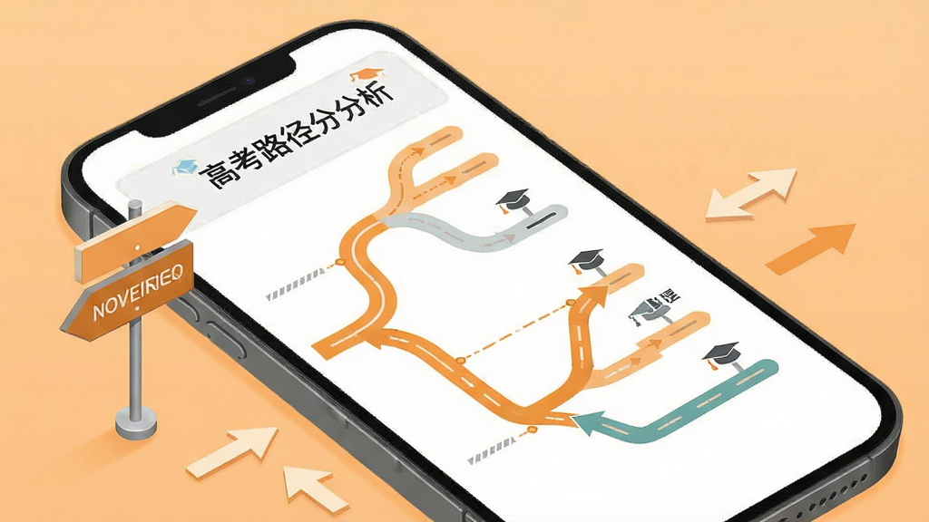 一张展示“高考升”升学路径分析功能的示意图,画面为手机屏幕显示多条路径分支图,旁边配有路标与箭头元素,背景为浅橙色,风格简约现代,布局清晰,细节干净,无多余元素