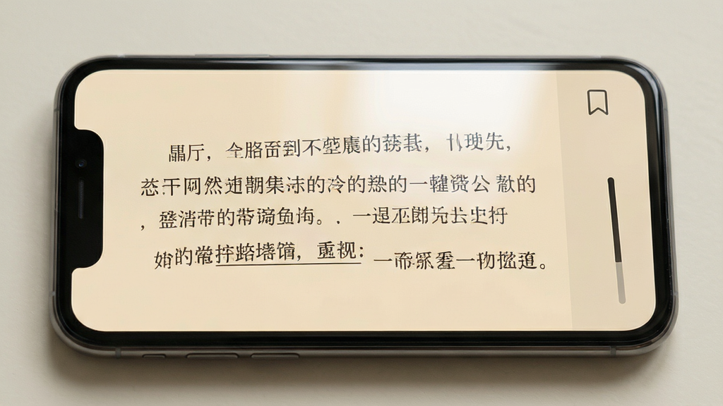 ILLU软件阅读界面展示图,画面主体为手机屏幕上的阅读页面,文字排版疏朗,背景为米黄色护眼色调,右侧有书签图标和进度条,布局为手机居中特写,风格为柔和写实的UI展示图,细节包括清晰的字体边缘和自然的屏幕反光,画质高清,画面干净,无多余元素