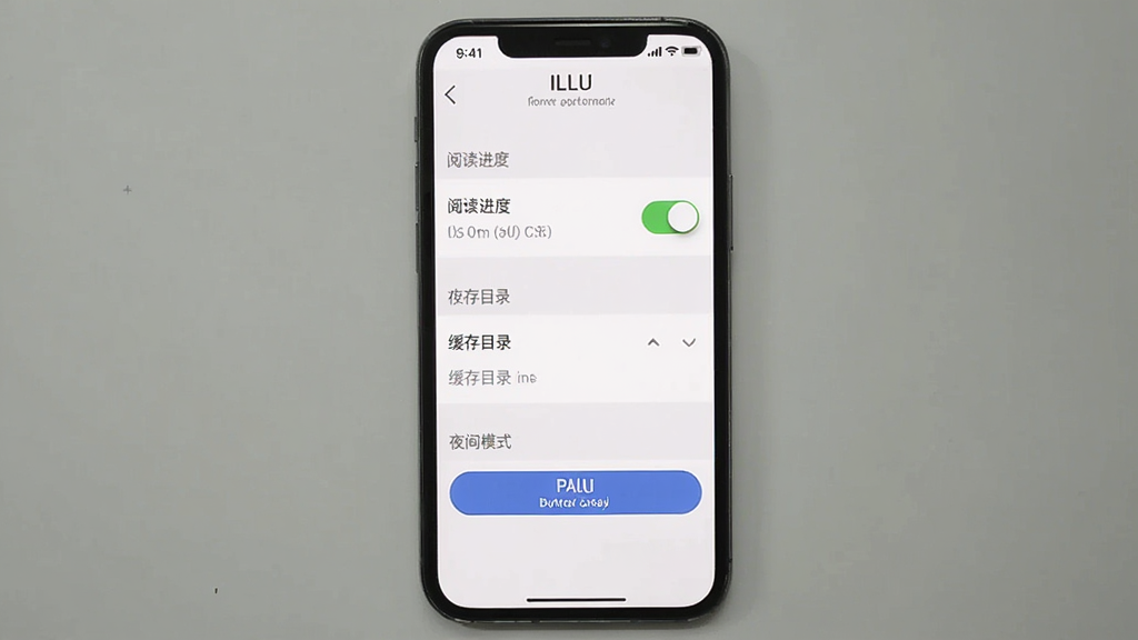ILLU软件设置界面展示图,画面主体为手机屏幕上的设置页面,包含阅读进度开关、缓存目录选项和夜间模式按钮,布局为手机居中特写,风格为简洁的设置面板UI图,细节包括清晰的开关控件和分组标题,画质清晰,画面干净,无多余元素