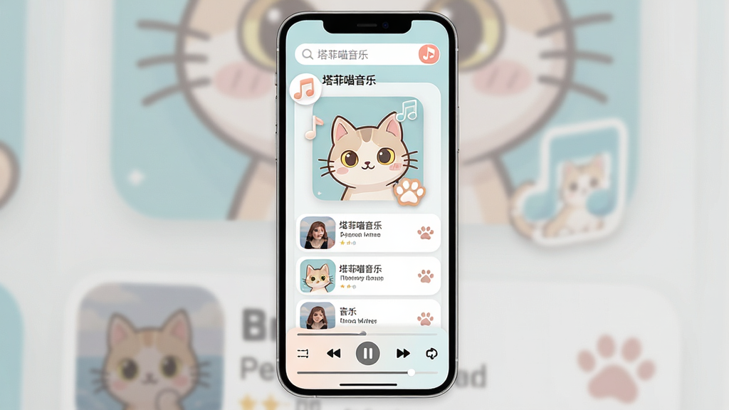 一张手机应用界面展示图,主体为塔菲喵音乐播放器主界面,布局上顶部是搜索栏和软件名称“塔菲喵音乐”,中部为专辑封面与歌曲列表,底部是播放控制条,风格清新萌系、浅色圆角卡片设计,细节包含音符图标、喵爪装饰和进度条,画质清晰干净,无多余元素
