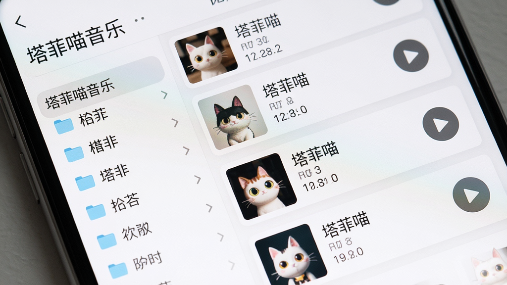 一张手机屏幕特写图,主体为塔菲喵音乐本地音乐列表页面,布局上左侧显示文件夹分类栏,右侧为歌曲条目与播放按钮,风格简约浅色、卡片式排版,细节包含“塔菲喵音乐”字样、格式标签和时长信息,画质高清干净,无杂乱装饰