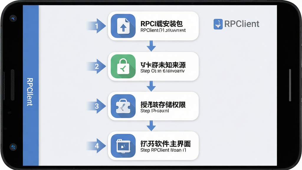 一张RPClient新手安装流程示意图,主体为安卓手机屏幕从上到下依次展示下载安装包、允许未知来源、授予存储权限、打开软件主界面四个步骤图标,布局为竖向流程排列,每个步骤配圆角矩形卡片与简洁图标,风格为教程图解扁平风,细节包含步骤编号、箭头引导线、