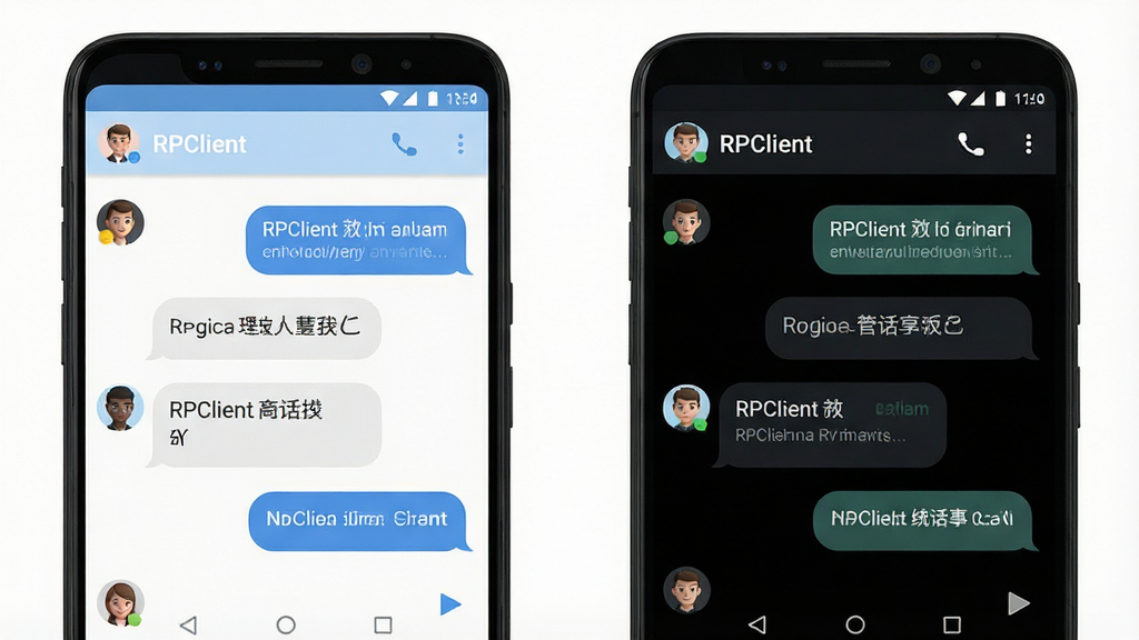 一张RPClient对话界面定制功能的展示图,主体为两部并排的安卓手机,左侧手机显示浅色主题对话界面,右侧手机显示深色主题对话界面,屏幕内均有角色头像、气泡对话框与
