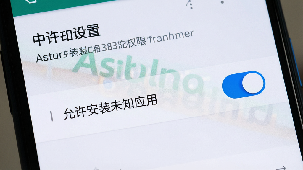 画面主体为一部手机屏幕显示Astur软件安装权限设置界面,界面中央有“允许安装未知应用”开关按钮,背景为系统设置页浅色底,布局为上下结构,风格写实简洁,细节上开关处于开启状态并带有蓝色高亮,画质清晰干净,无多余元素