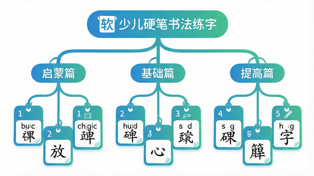 一幅课程体系结构示意图插画,画面采用树状图布局,顶部是“少儿硬笔书法练字”软件标志,下方分出三条分支分别标注“启蒙篇”“基础篇”“提高篇”,每条分支上挂着若干小卡片代表课程单元,卡片上画有数字、拼音字母和汉字示例,整体风格为简约信息图,配色为蓝绿渐变,细节包括卡片圆角、线条流畅、图标简洁,画质清晰干净,无多余元素