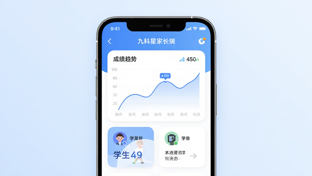 主体为一部智能手机,屏幕中央显示九科星家长端应用界面,界面中有成绩趋势折线图与学生信息卡片,布局为手机居中、浅蓝色渐变背景,排版简洁上下留白,风格为现代扁平化科技风,细节包括圆角图标、柔和阴影与清晰的数据标签,画质高清、干净、无多余元素
