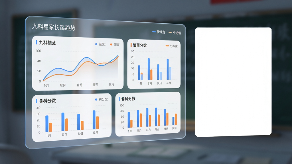 主体为一块悬浮的透明数据面板,面板上展示九科星家长端的成绩趋势折线图与各科分数柱状图,布局为面板居中偏左、右侧留白,排版层次分明,风格为清新教育科技风,细节包括蓝色与橙色数据线条、圆角卡片与细小图例文字,画质高清、干净、无多余元素