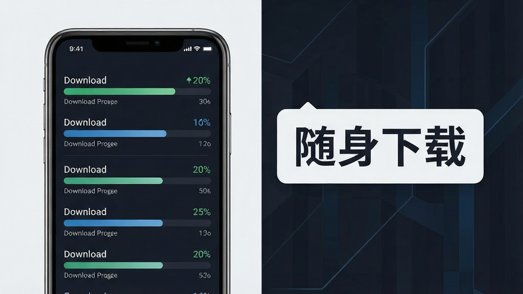 一张表现下载进度可视化概念的图片,画面中央为手机屏幕上的多个下载任务进度条,旁边配有