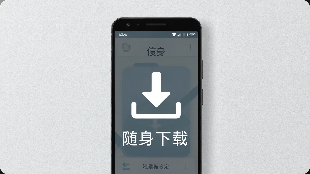 一张体现轻量运行与稳定下载概念的产品图,画面主体为一部安卓手机与简洁的下载图标组合,背景为浅灰质感,布局居中,风格素雅极简,细节上突出