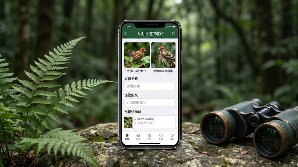 画面主体是一部智能手机,屏幕上显示大明山巡护软件的动植物信息采集界面,包含物种照片缩略图、名称填写栏与坐标信息,手机被放置在岩石上,旁边有一株蕨类植物和望远镜,背景是虚化的森林深处,布局为手机居中、植物与望远镜作为前景点缀,风格为写实自然探索风,细节上突出界面中物种照片与填写栏的清晰度,画质高清、干净、无多余元素