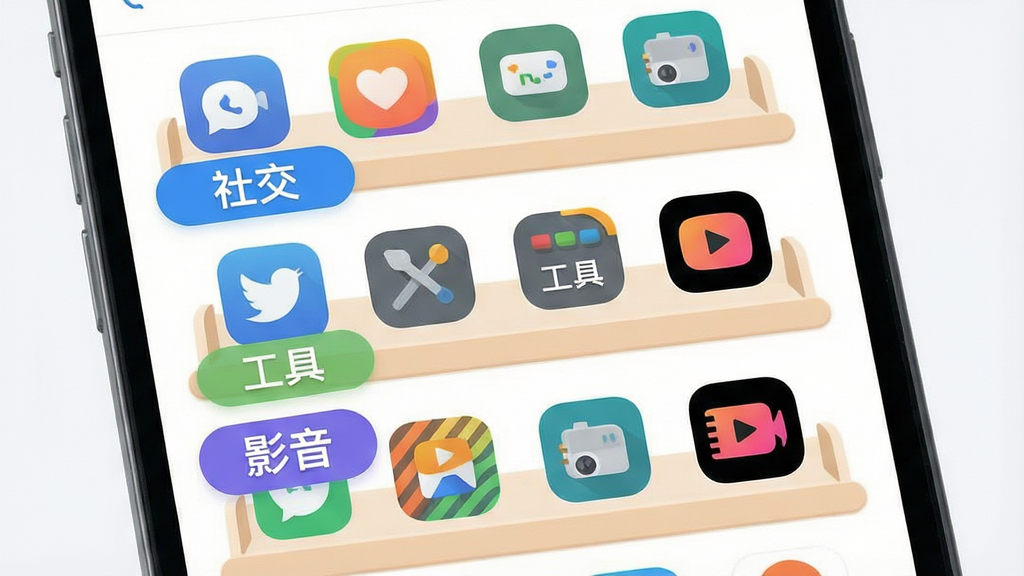主体为手机屏幕中展示多个命名清晰的AppShelf应用货架,货架标签分别为“社交”“工具”“影音”;布局为货架纵向排列,应用图标整齐陈列;排版层次分明,标签醒目;风格为扁平化清爽界面;细节包括货架边框圆润、图标间距均匀、背景干净;画质高清,干净,无多余元素