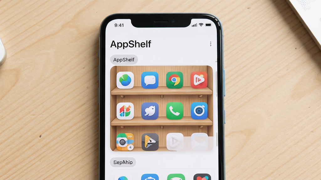 主体为一部安卓手机正面屏幕,屏幕中显示名为“AppShelf”的应用收纳货架界面,多个应用图标整齐排列在分类层架上;布局为手机居中放置,背景为浅色木质桌面;排版简洁,屏幕内容清晰可见;风格为清爽现代的产品展示风;细节包括图标圆角统一、分类标签清晰、光影柔和;画质高清,干净,无多余元素