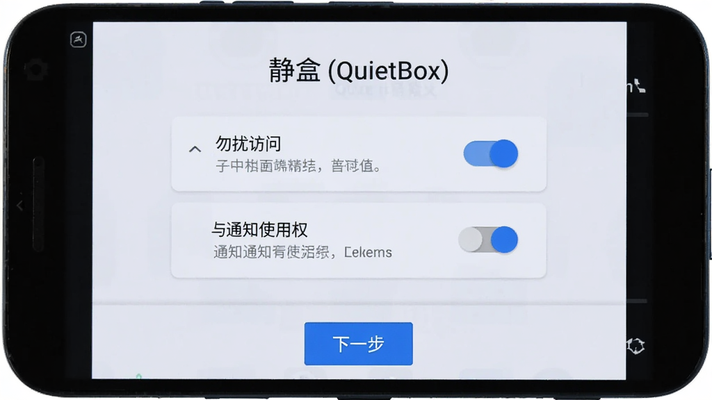 一部安卓手机屏幕显示“静盒 (QuietBox)”的权限引导页面,页面中央有勿扰访问与通知使用权两个开关项,布局为上下排列的卡片式设计,风格为清爽浅色界面,细节包括蓝色高亮开关、简洁的文字说明、页面底部有“下一步”按钮,画质清晰,干净无多余元素