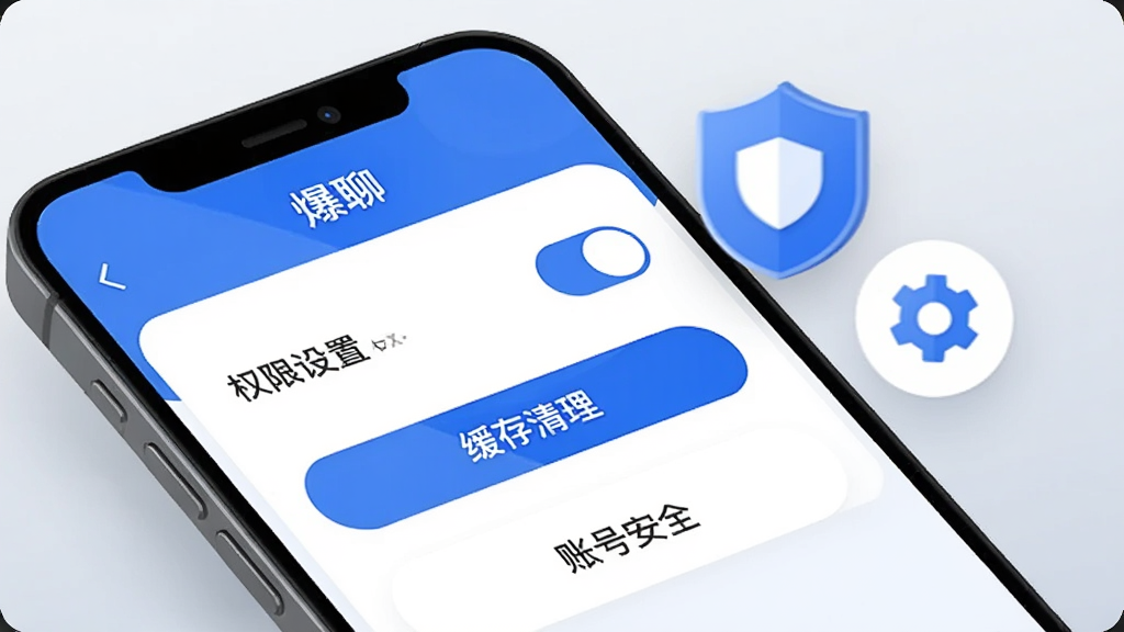 手机屏幕特写,显示“爆聊”设置页面,页面中包含权限开关、缓存清理按钮和账号安全入口,旁边悬浮一个盾牌图标与齿轮图标;风格为现代UI插画,配色以蓝白为主,细节清晰,画质干净,背景为浅灰渐变