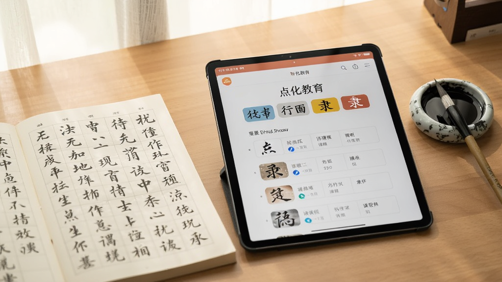 书桌上摊开的字帖与平板电脑并排摆放,平板屏幕显示