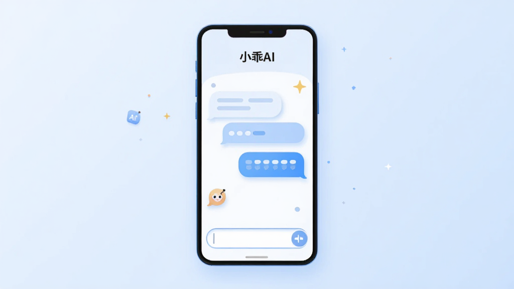 画面中央放置一部竖屏安卓手机,手机屏幕上显示简洁的AI对话界面,界面顶部有“小乖AI”字样,下方为聊天气泡与输入框,手机周围以浅蓝色渐变背景衬托,布局上手机居中、左右留白均衡,风格为清爽科技感扁平插画,细节包括柔和阴影、圆角图标、微小光点装饰,画质清晰干净,无多余元素