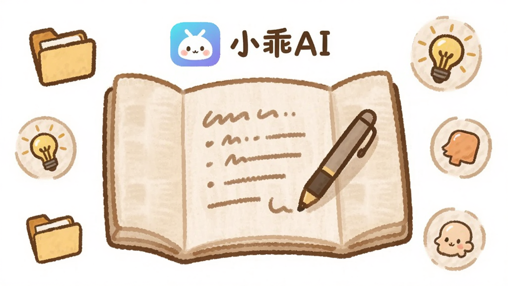 画面中央是一张展开的虚拟稿纸,稿纸上方悬浮“小乖AI”标识,稿纸上有几行文字与一支笔的图形,周围点缀文件夹、灯泡等小图标,布局为居中构图、元素围绕稿纸分布,风格为温暖手绘感插画,细节包括纸张纹理、柔和配色、图标描边统一,画质清晰干净,无多余元素