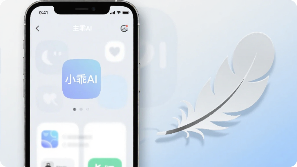 画面中央为一部手机与一个轻飘飘的羽毛图标并排,手机屏幕上显示“小乖AI”主界面,界面元素简洁,背景为浅灰到浅蓝的渐变,布局为手机偏左、羽毛偏右形成轻重对比,风格为极简扁平设计,细节包括羽毛的柔和曲线、手机圆角与阴影,画质清晰干净,无多余元素